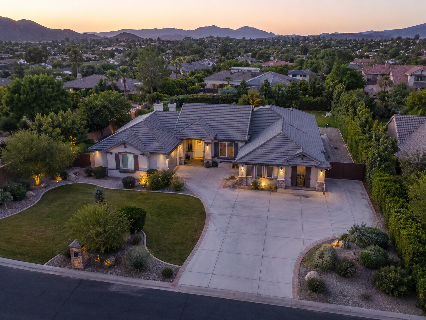 Aerial real estate photography sample at twilight